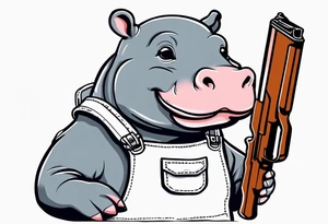 Baby hippo wearing overalls and holding a shotgun tattoo idea