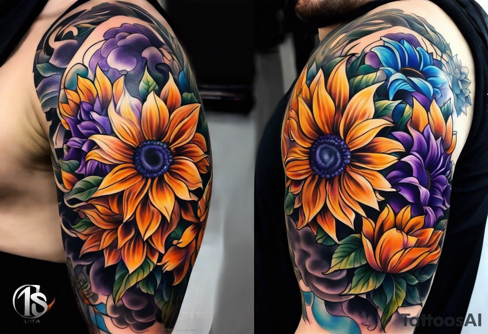Full arm sleeve with purple, orange and blue sunflowers tattoo idea