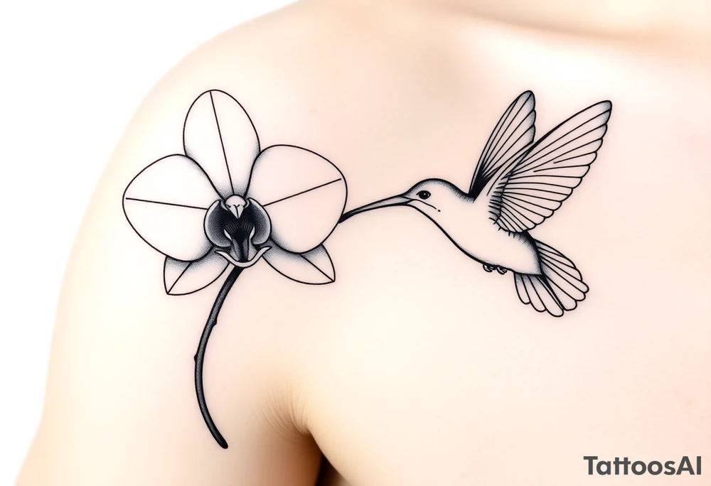 A delicate, black and white fine-line tattoo for make, featuring a gracefully detailed orchid in full bloom (stem and at least 2 flowers), with soft, intricate petals and elegant curves. Beside it, a hummingbird hovers mid-flight, its wings drawn with subtle motion lines, its slender beak reaching toward the orchid’s center to drink its nectar. The design captures a sense of balance and harmony, with the contrast between the stillness of the flower and the gentle energy of the bird. Perfectly suited for the upper arm, this piece combines nature’s beauty and movement in a timeless style tattoo idea