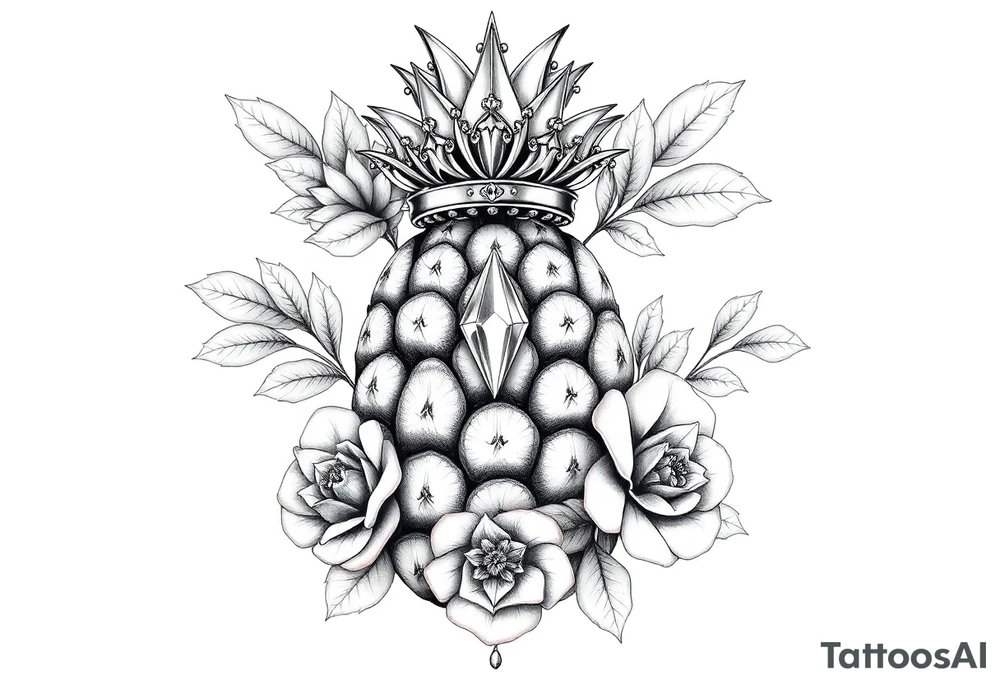 powerful pineapple with a crown,and diamonds and roses and peaches tattoo idea