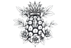 powerful pineapple with a crown,and diamonds and roses and peaches tattoo idea
