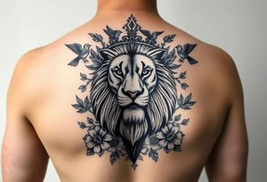 powerful majestic lion with a crown, surrounded by floral ornaments and birds tattoo idea