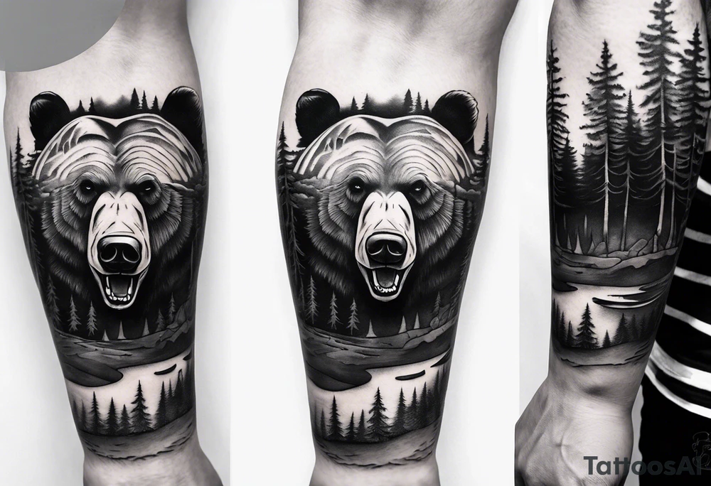 bear head right above the forest line with a lake below, full arm sleeve tattoo tattoo idea