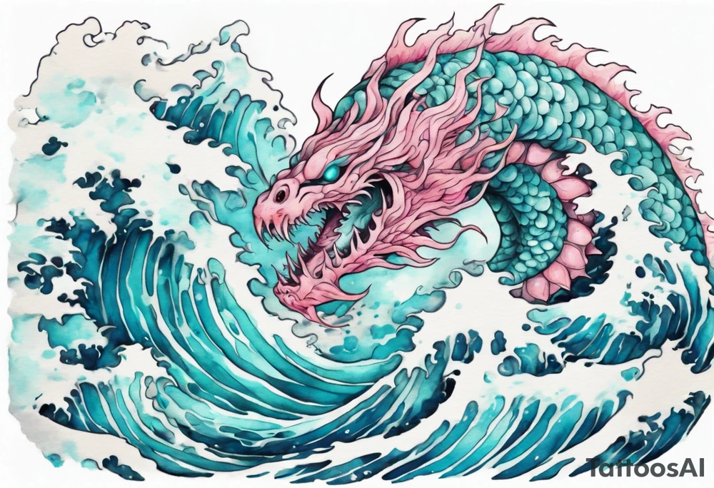 a beautiful turquoise and white and pink sea monster rising from the blue waves of the ocean tattoo idea