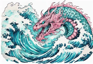 a beautiful turquoise and white and pink sea monster rising from the blue waves of the ocean tattoo idea