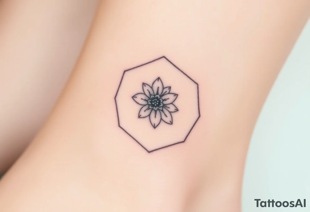 Faint Hexagon with Leo, larkspur and water lilies in the center tattoo idea