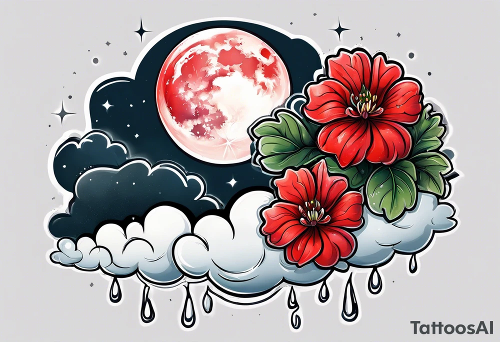 Rain cloud and moon with red geraniums tattoo idea