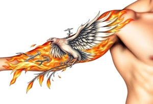 magnificent phoenix rising from golden flames with trailing embers tattoo idea