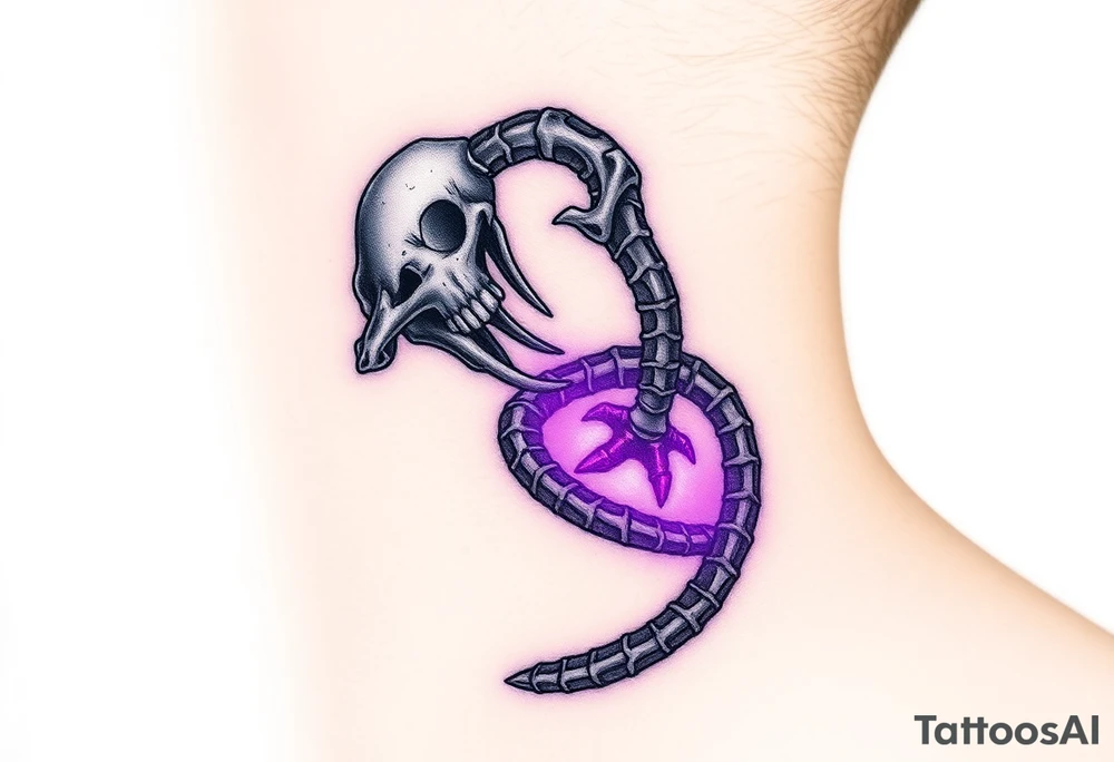 A skeletal Ouroboros with silver bones and glowing purple energy inside, representing death and rebirth. tattoo idea