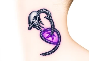 A skeletal Ouroboros with silver bones and glowing purple energy inside, representing death and rebirth. tattoo idea