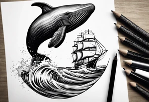 sperm whale jumping out of the water with the Virgo in the sky and a sail boat at sea tattoo idea