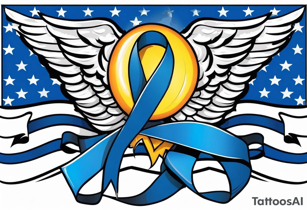 Blue colon cancer ribbon with angel winds and flag blend in tattoo idea