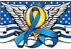 Blue colon cancer ribbon with angel winds and flag blend in tattoo idea