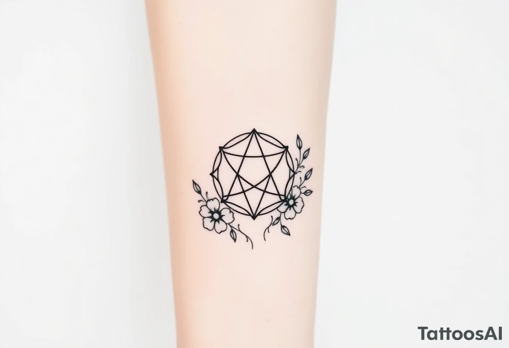 Enneagram symbol with fine line florals tattoo idea