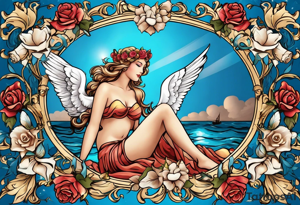 Portrait of Aphrodite: A face or full-length image of the goddess, often in a realistic style, perhaps decorated with flowers, seashells, or doves.rose, doves, shells and a mirror in his hand. background sea, blue roses frames,, romantic,A boy with wings and a bow, cupido tattoo idea