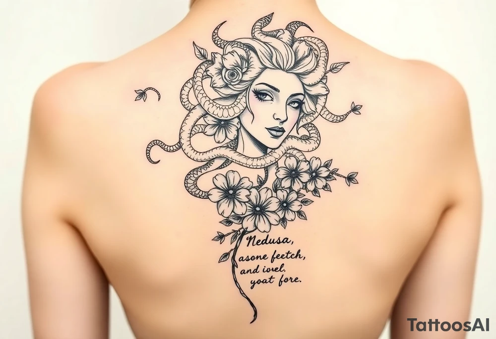 medusa  with snakes coming out of her head with flowers and a quote tattoo idea