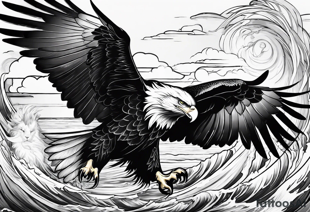 Eagle holding a lion flying over the sea tattoo idea