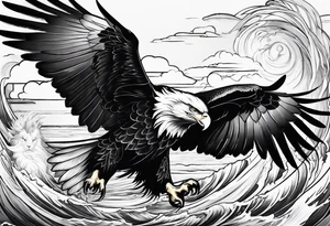Eagle holding a lion flying over the sea tattoo idea