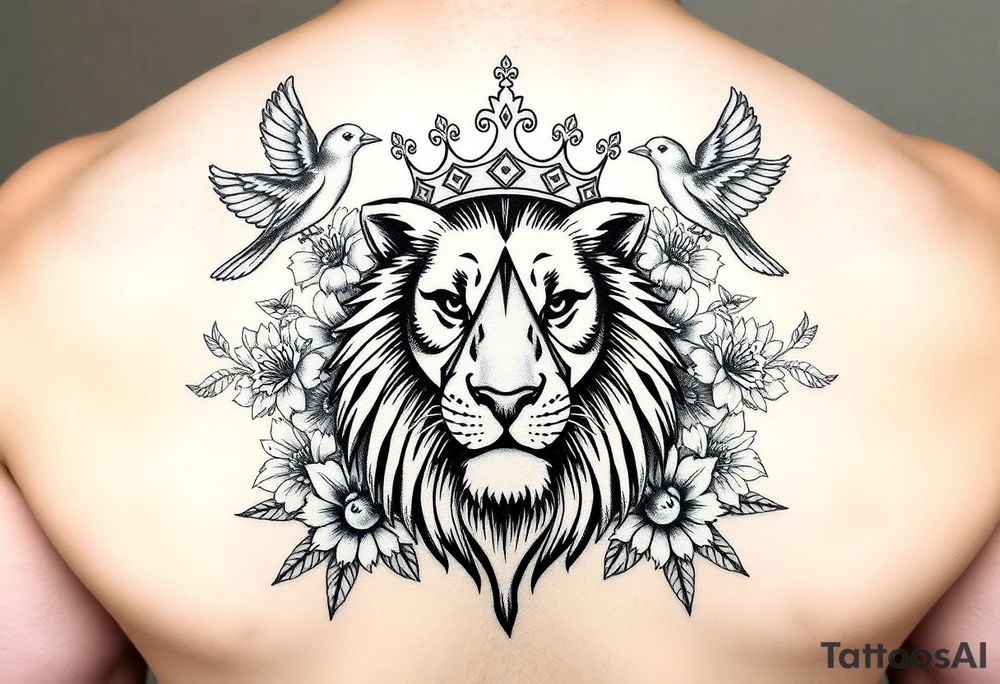 powerful majestic lion with a crown, surrounded by floral ornaments and birds tattoo idea