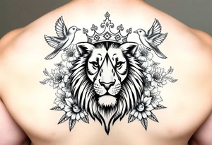 powerful majestic lion with a crown, surrounded by floral ornaments and birds tattoo idea