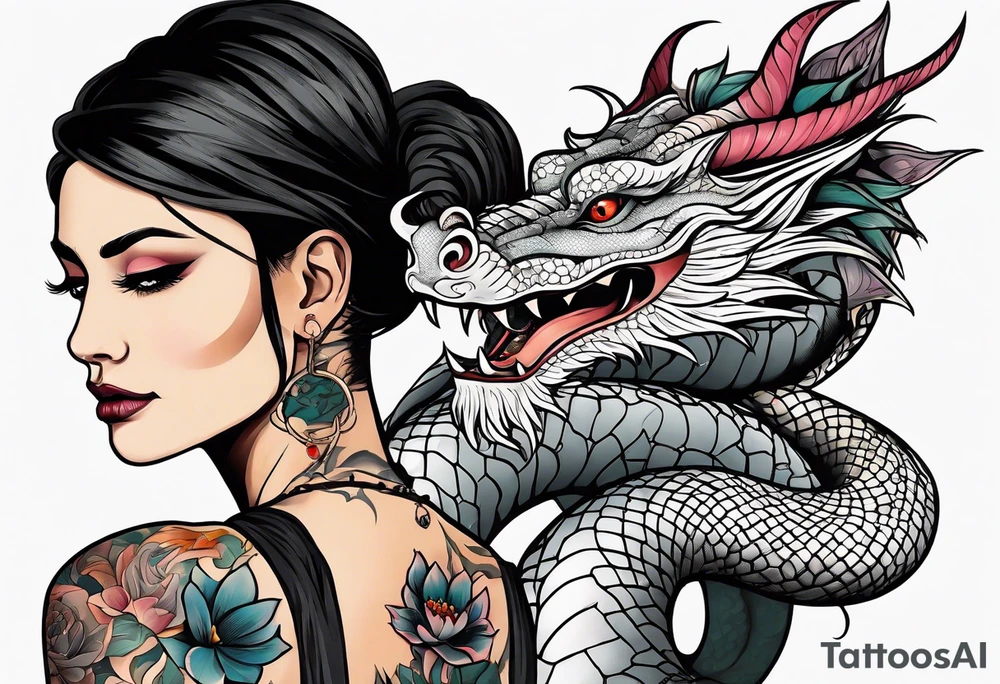 A woman with a dragon tattoo on her arm, holding a lotus flower. tattoo idea