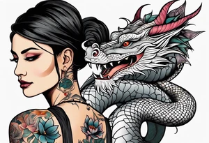 A woman with a dragon tattoo on her arm, holding a lotus flower. tattoo idea