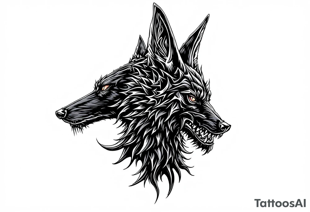 a creature that looks strongly like a combination of Anubis, and a black hound, with the tall pointy ears of a jackal, looking back, serious and daring tattoo idea