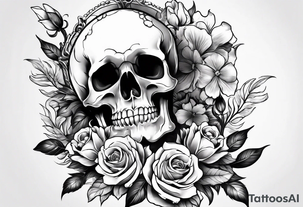 Floral sleeve with skulls tattoo idea