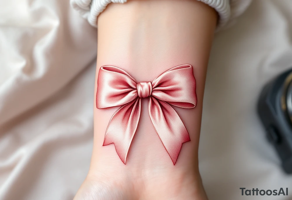 An elegant satin bow tattoo, tied in a perfect knot. The bow is rendered in a soft blush pink with gentle highlights, creating a realistic silk-like sheen. Subtle shadows add depth, making the fabric appear delicately folded. The knot at the center is slightly darker, emphasizing its structure and strength. tattoo idea