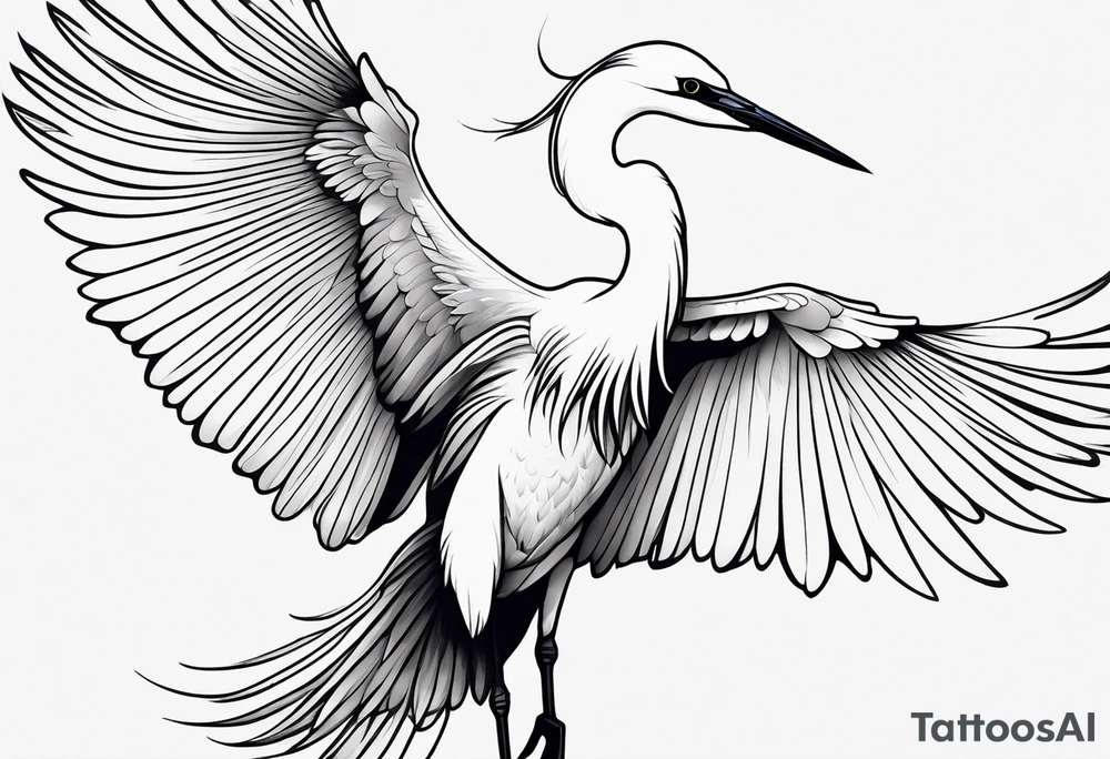 fine line tattoo of an egret bird with wings flared on a woman's arm tattoo idea