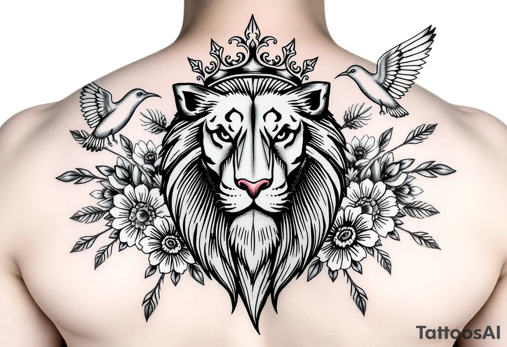 powerful majestic lion with a crown, surrounded by floral ornaments and birds tattoo idea