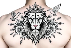 powerful majestic lion with a crown, surrounded by floral ornaments and birds tattoo idea
