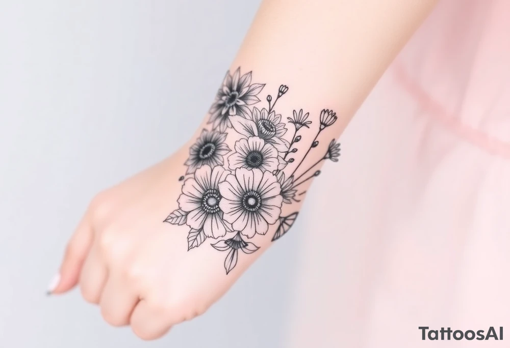 Bouquet of carnation, honeysuckle, poppy, aster and cosmos tattoo idea