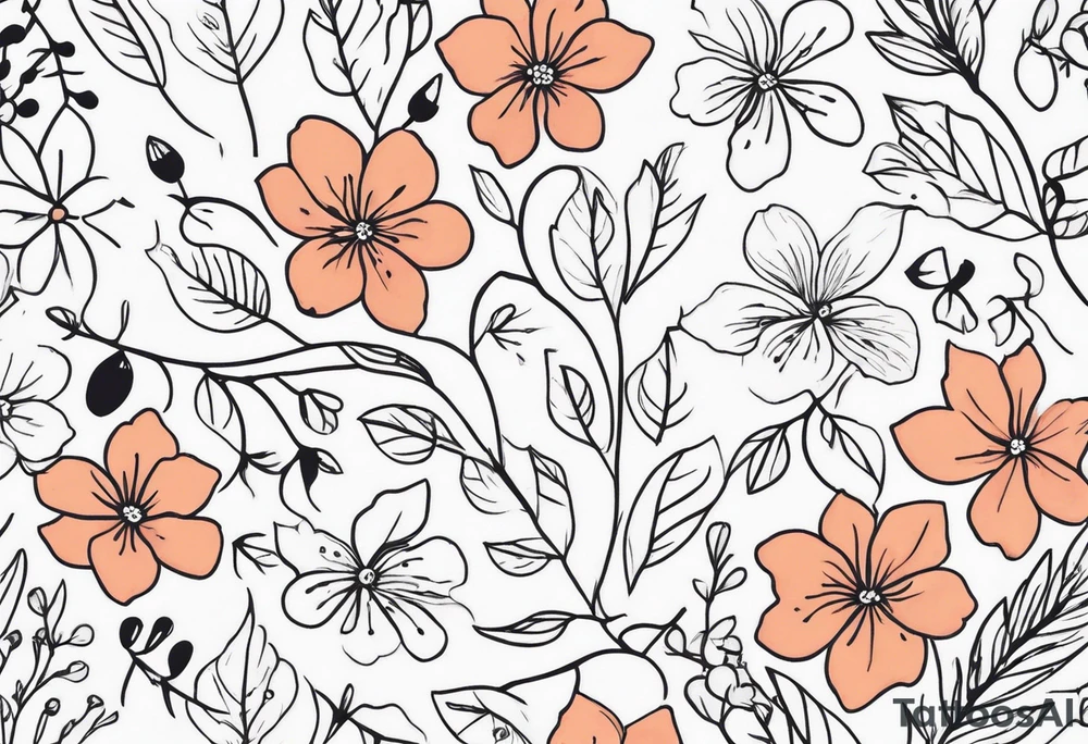 “Generate a subtle botanical tattoo with soft, flowing lines, showcasing tiny flowers and leaves arranged in a delicate pattern tattoo idea