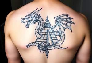 Aztec dragon with pyramid and treasure tattoo idea