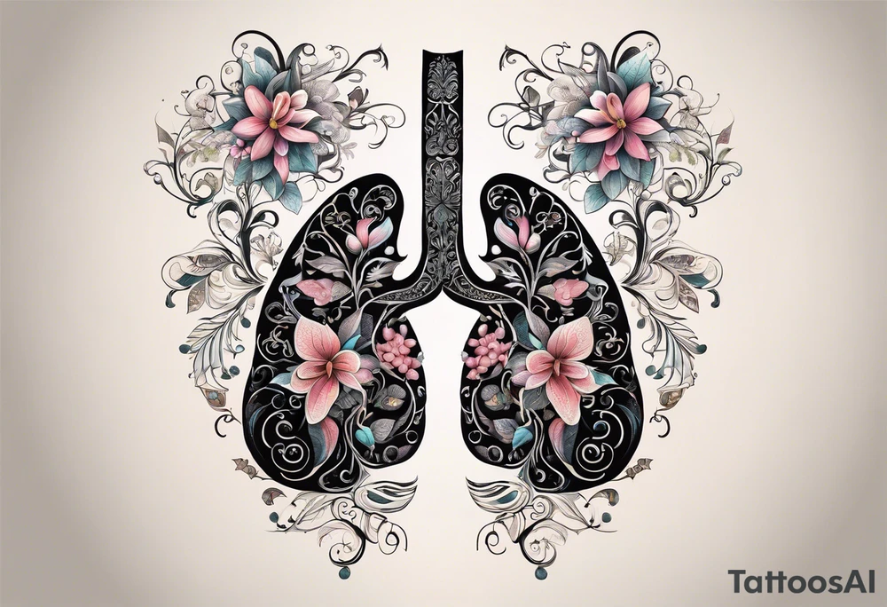 intricate and artistic arrangement of flowers and ornamental patterns that come together to form the shape of human lungs. The design should have a balance of delicacy and detail, with vibrant floral elements seamlessly intertwining to mimic the structure of the lungs, including the bronchi branching into floral motifs. Incorporate subtle shading and depth to give the tattoo a dynamic and organic feel, while maintaining elegance and symmetry tattoo idea