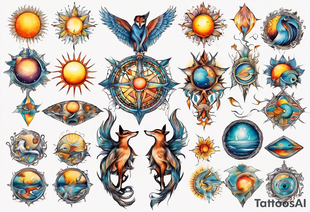 fisch, fuchs und eule , symetrie  sonne, universum, bunt, " sapere aude" tattoo idea