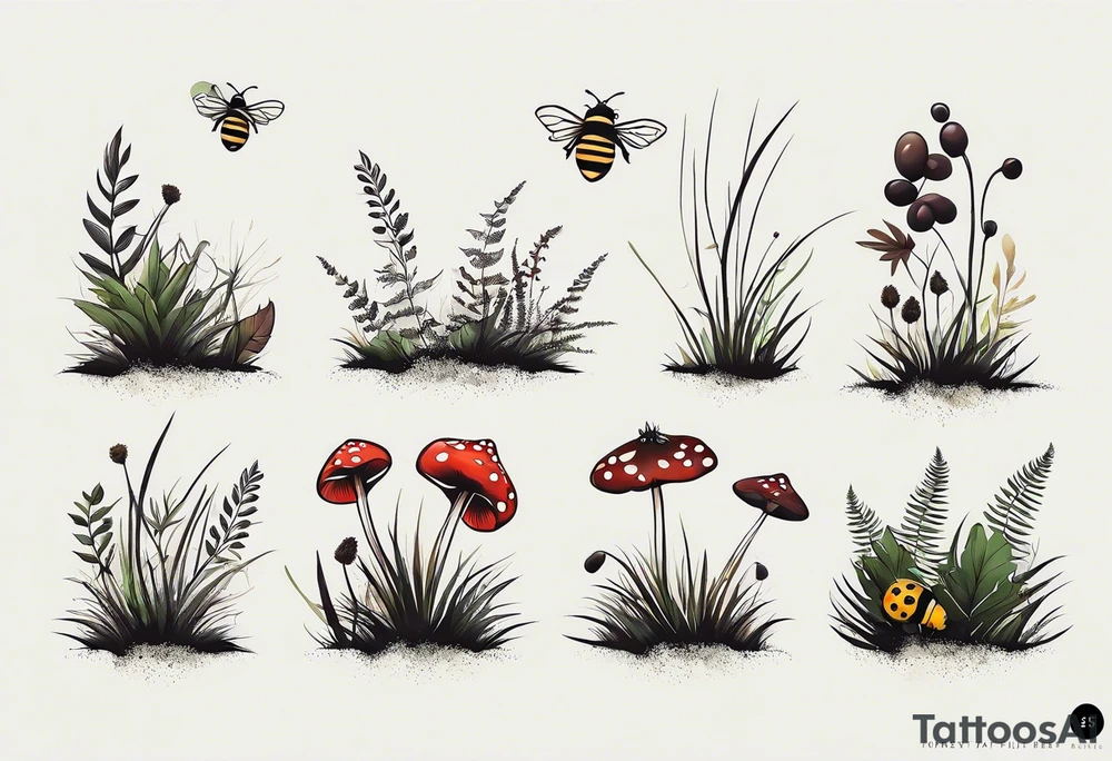 forest floor inspired minimalist tattoo, which includes grass, curly ferns, moss and dead leaves as the bulk of the tattoo. details to include: forest berries, a tiny bumblebee flying nearby, three small brown mushrooms
Generate a vertically long one tattoo idea