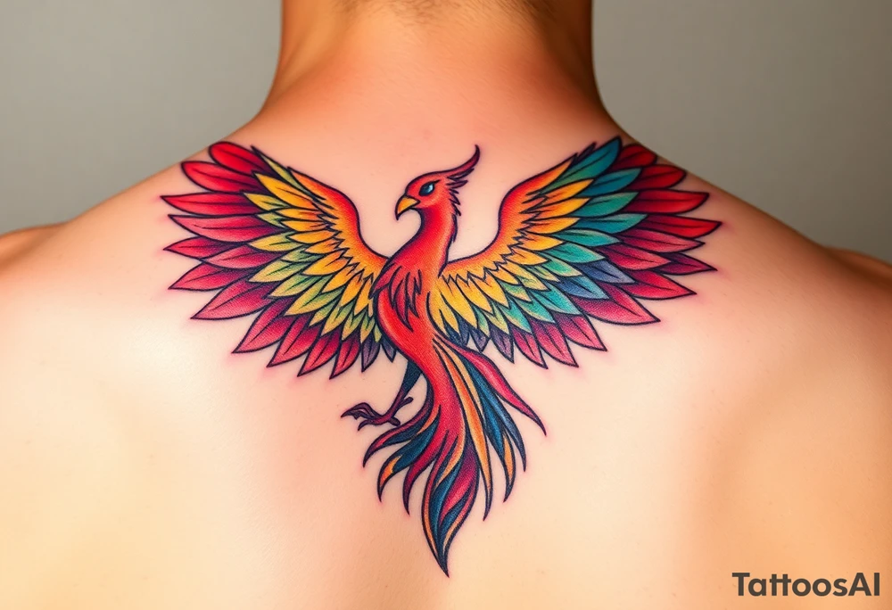 A feminine Phoenix in a rainbow of colors tattoo idea