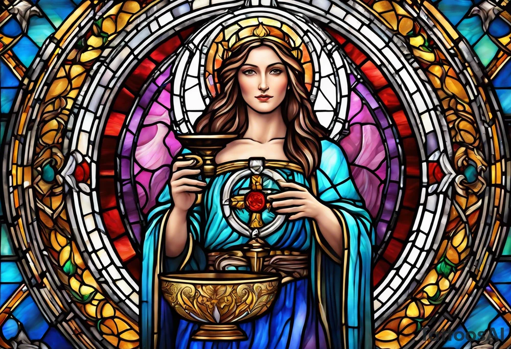 holy saint woman with halo stained glass holding a chalice with artillery tattoo idea