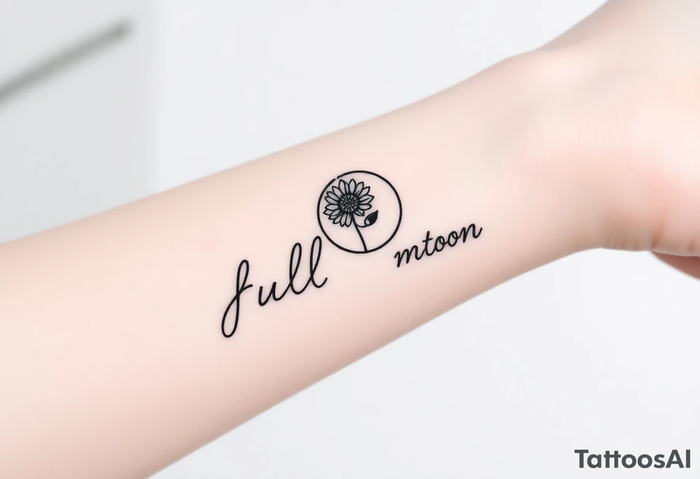 Small black and white tattoo full moon with small chrysanthemum and tiny scorpio gliph inside moon tattoo idea