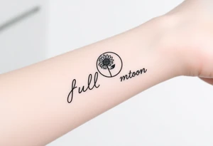 Small black and white tattoo full moon with small chrysanthemum and tiny scorpio gliph inside moon tattoo idea