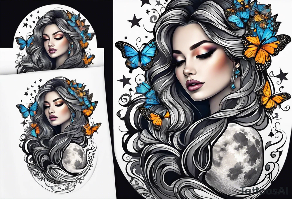 Beautiful woman with butterflies in her long wavy hair sitting on a half moon, with a moon and star background tattoo idea