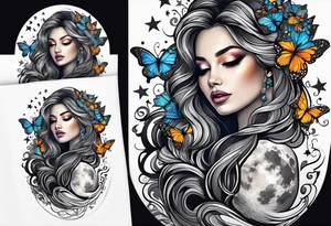 Beautiful woman with butterflies in her long wavy hair sitting on a half moon, with a moon and star background tattoo idea
