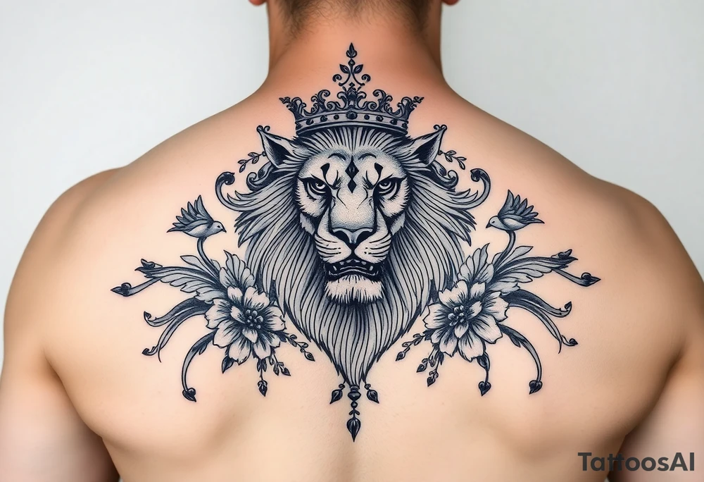 powerful majestic lion with a crown, surrounded by floral ornaments and birds tattoo idea
