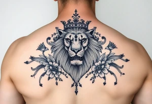 powerful majestic lion with a crown, surrounded by floral ornaments and birds tattoo idea