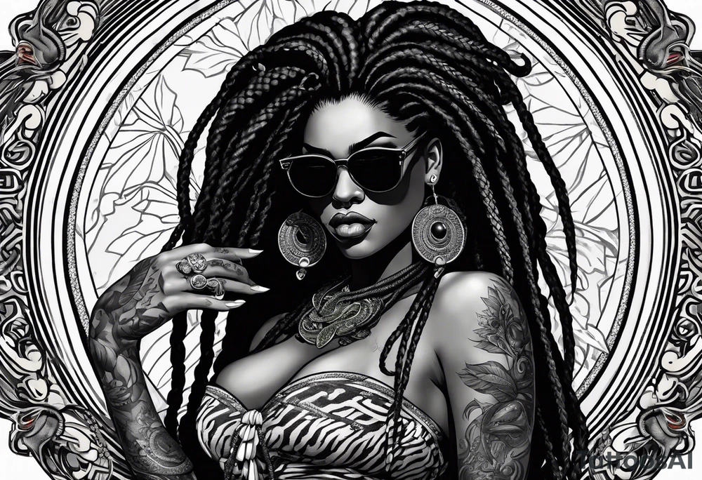 medusa as a beautiful black women with long black dreadlocks and one arm tattooed with snake skin and the other arm tattooed with marble, wearing large black sunglasses, streetwear tattoo idea