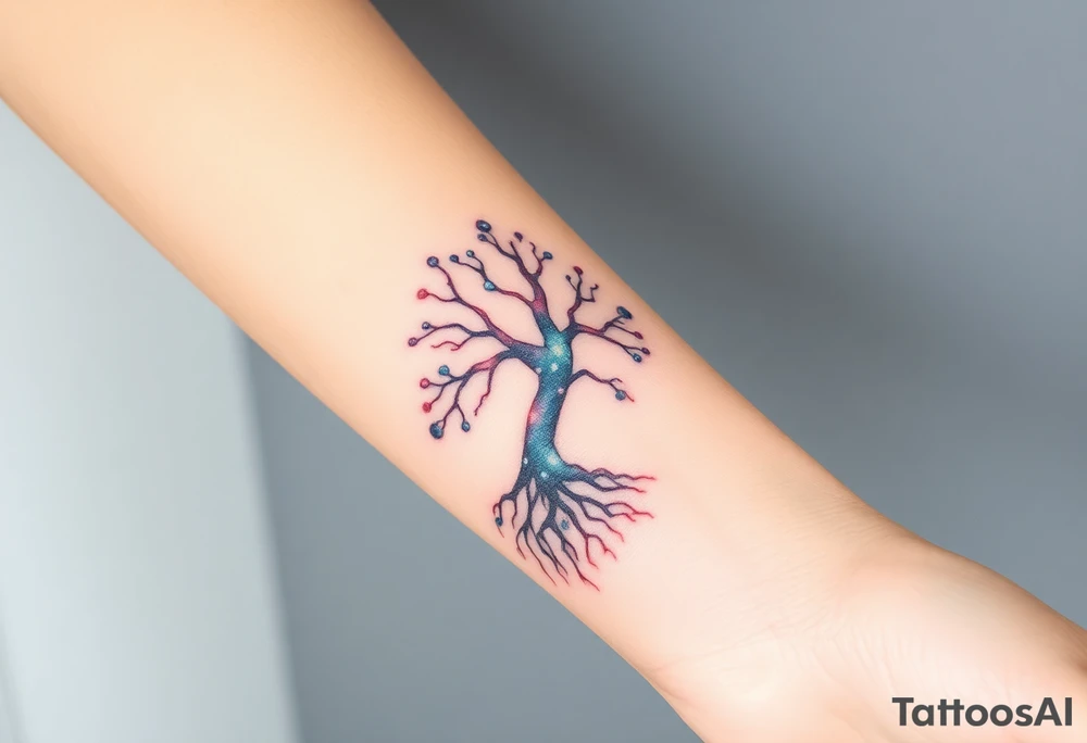 mystical tree of life with cosmic roots and celestial branches tattoo idea