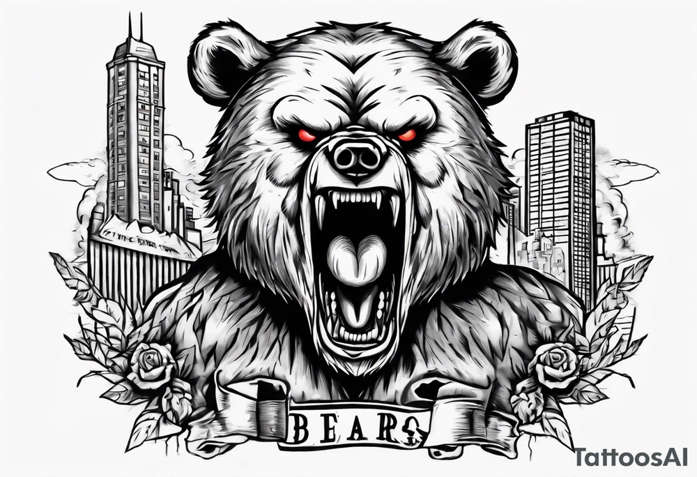 Angry bear coming up behind a city tattoo idea
