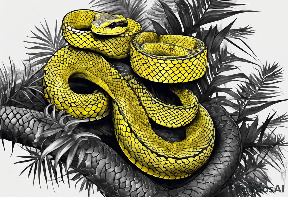 Black and grey realistic yellow blotched pit viper snake with rainforest background on forearm. I want the snake to look aggressive with mouth open showing fangs tattoo idea